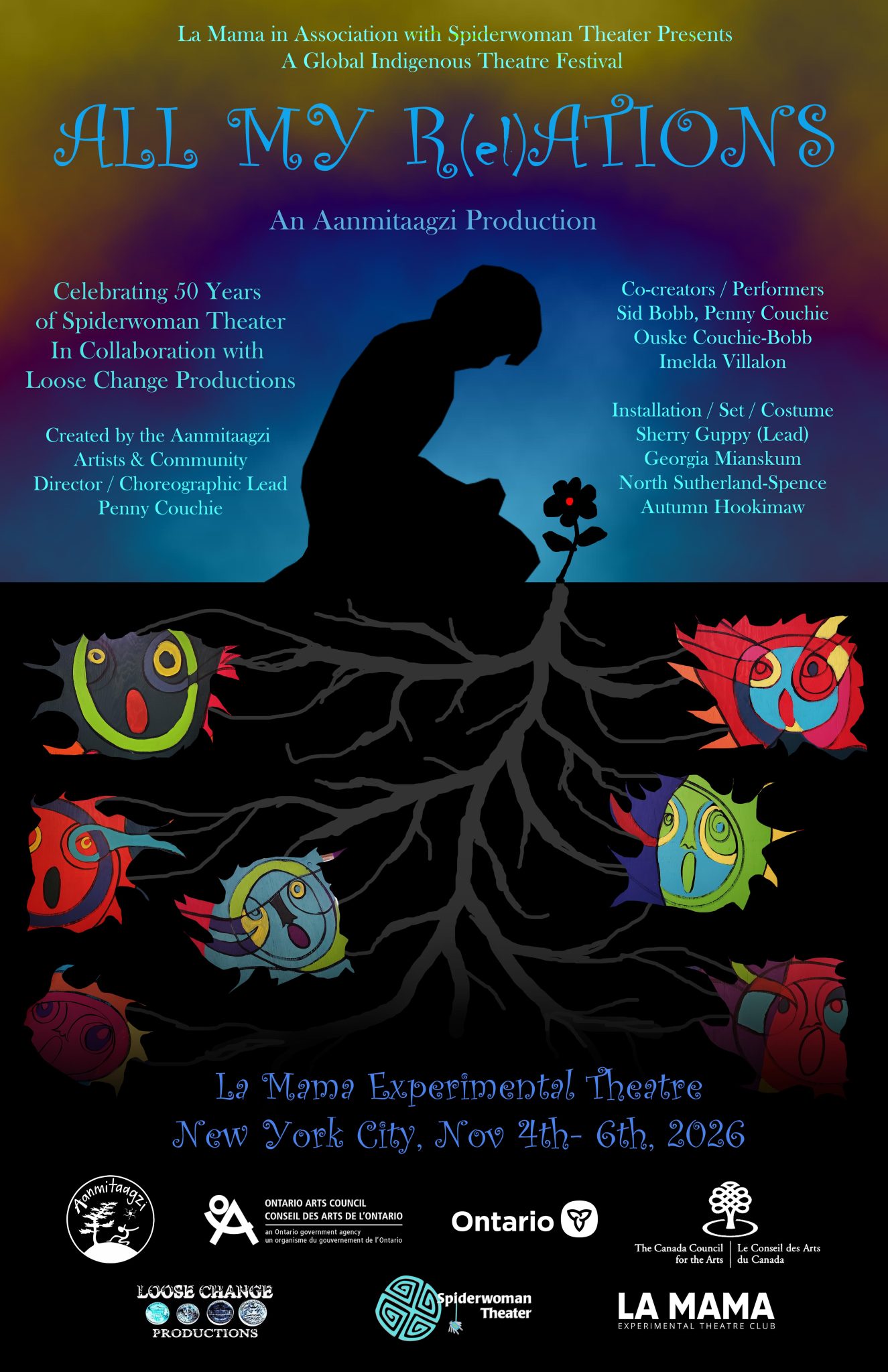 Poster for "All My R(el)ations" presented by Aanmitaagzi Story Makers for the Global Indigenous Theatre Festival in New York.