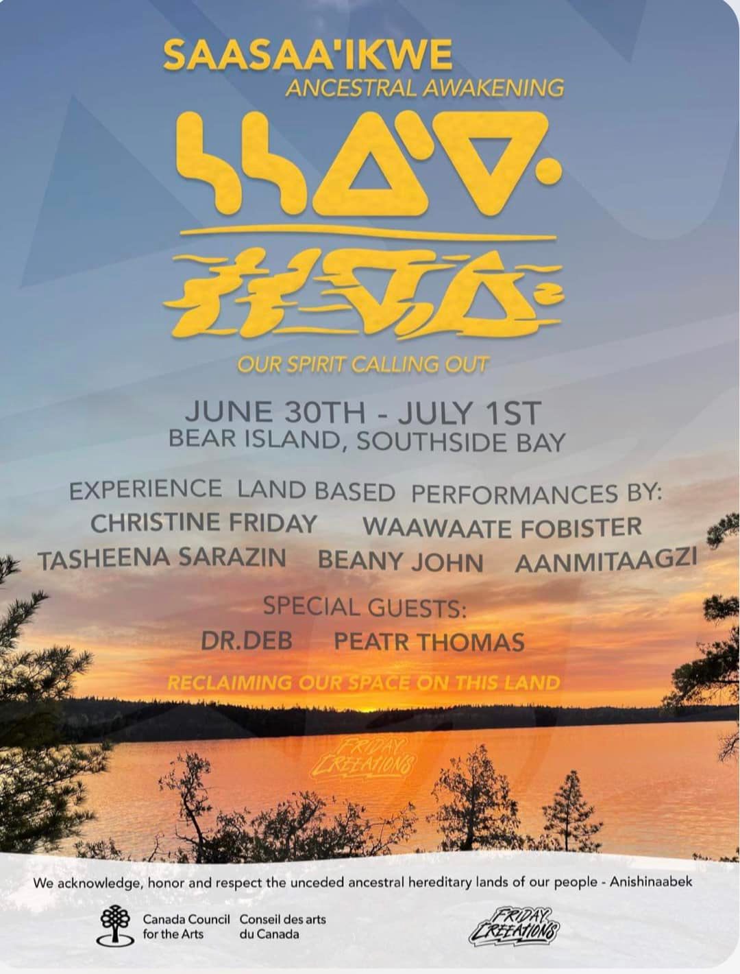 Poster for Saasaa'Ikwe 2023, taking place June 30th to July 1st on Bear Island's Southside Bay.