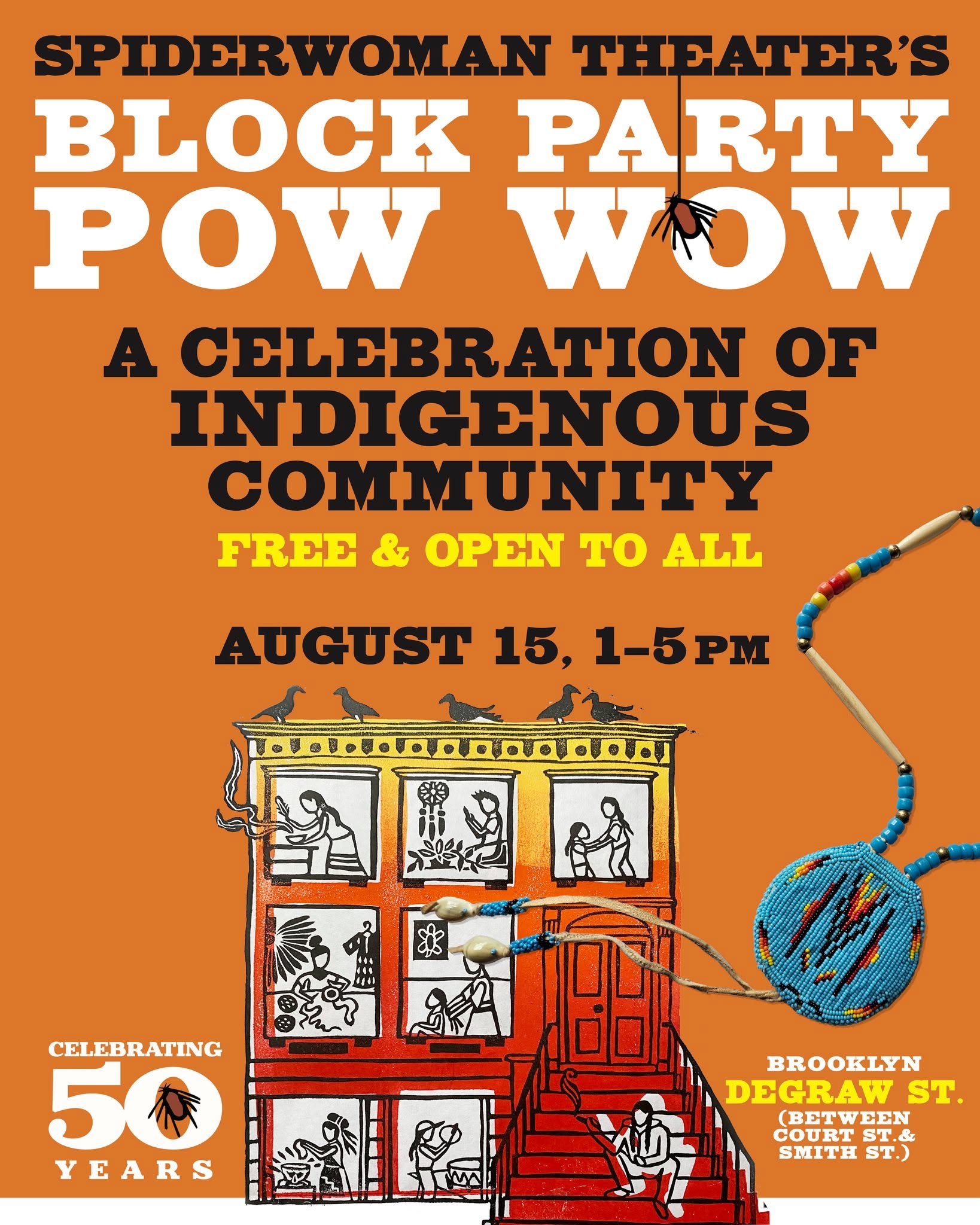 Poster for Spiderwoman Theater's Block Party taking place on August 15, 2026.